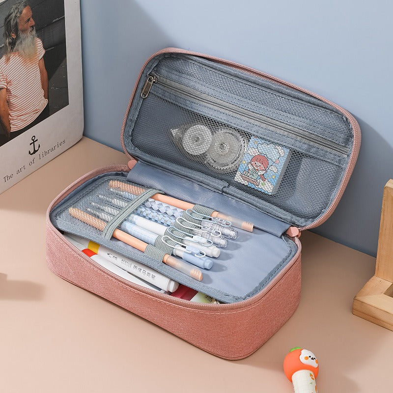 Simple solid color canvas stationery bag large capacity student pencil bag high value ins pencil case